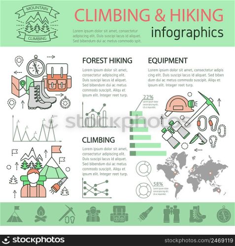 Climbing and hiking linear infographics with mountain equipment world map tourist objects graphs statistics diagrams vector illustration. Climbing And Hiking Linear Infographics