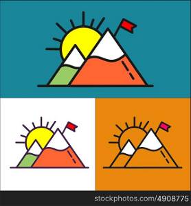 Climbing and travelling. Vector sign logo. Mountain with snowy peak and the flag.