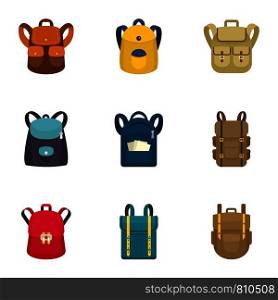 Climbing backpack icon set. Flat set of 9 climbing backpack vector icons for web design. Climbing backpack icon set, flat style