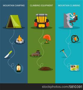 Climbing banner vertical set with mountain camping equipment elements isolated vector illustration. Climbing Banner Vertical
