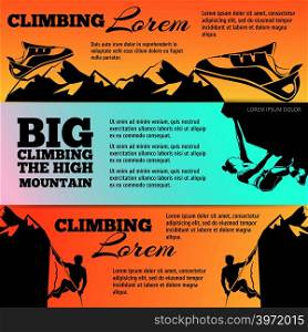 Climbing banners collection with black silhouettes. Vector adventure banner, illustration of climbing mountain poster. Climbing banners collection with black silhouettes