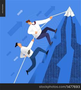 Climbing, business partnership concept - two business people rising the mountain, helping to each other.. Climbing up, business concept