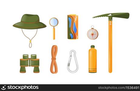 Climbing equipment flat color vector objects set. Trekking, hiking and climbing gear. Binocular. Ice axe. Expedition. Alpinist essentials 2D isolated cartoon illustration on white background. Climbing equipment flat color vector objects set