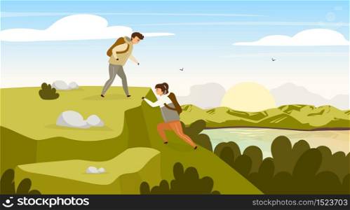 Climbing group flat vector illustration. Hikers couple on mountain hill. Man and woman on peak. Sunrise on river stream. Panoramic landscape scene. Tourist group cartoon characters