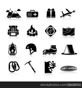 Climbing hiking and mountaineering equipment icons black set isolated vector illustration. Climbing Icons Black