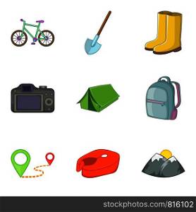 Climbing icons set. Cartoon set of 9 climbing vector icons for web isolated on white background. Climbing icons set, cartoon style