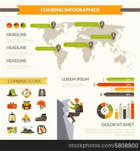 Climbing infographics set with mountain tourism symbols and charts vector illustration. Climbing Infographics Set
