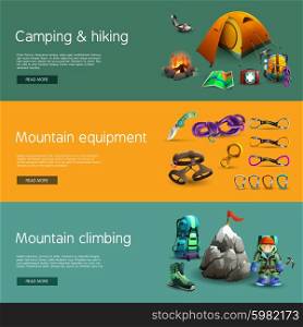 Climbing interactive 3d banners set. Alpine mountain climbing camping and hiking equipment interactive website 3d horizontal banners set abstract isolated vector illustration