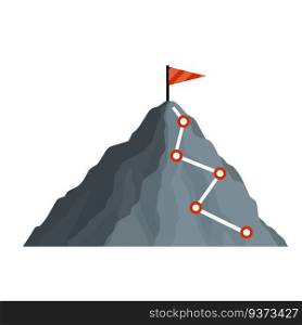 Climbing mountain with red flag. Points and stages of route. Business motivation in personal growth. Mountaineering and sports. Cartoon flat icon. Self-development and success. Climbing mountain with red flag.
