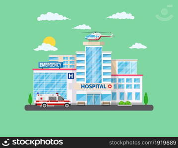 Clinic building with ambulance helicopter and car. Vector illustration in flat style. Clinic building with ambulance helicopter and car