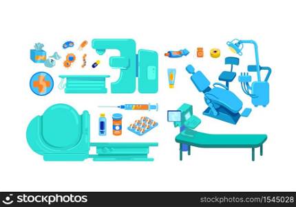 Clinic equipment flat color vector object. Health care treatment. Machinery for patient examination. Hospital tools isolated cartoon illustration for web graphic design and animation collection. Clinic equipment flat color vector object set