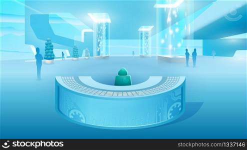Clinic Hall Reception Desk Vector Illustration. Healthcare Innovation Design Center. People and Doctor Character in Entrance Hall. New Medicine Technology of Future. Flat Cartoon. Clinic Hall Reception Desk Vector Illustration
