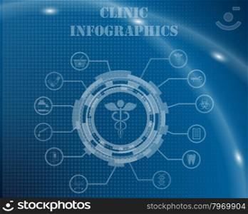 Clinic Infographic Template From Technological Gear Sign, Lines and Icons. Elegant Design With Transparency on Blue Checkered Background With Light Lines and Flash on It. Vector Illustration.