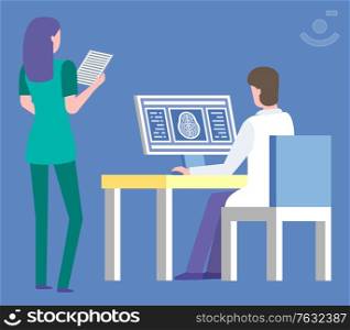 Clinic isolated doctor and nurse. Assistant reading xray scan on paper, male wearing white coat, doc by table with computer and information. Vector illustration in flat cartoon style. Hospital Workers with Scans and Xrays of Patients