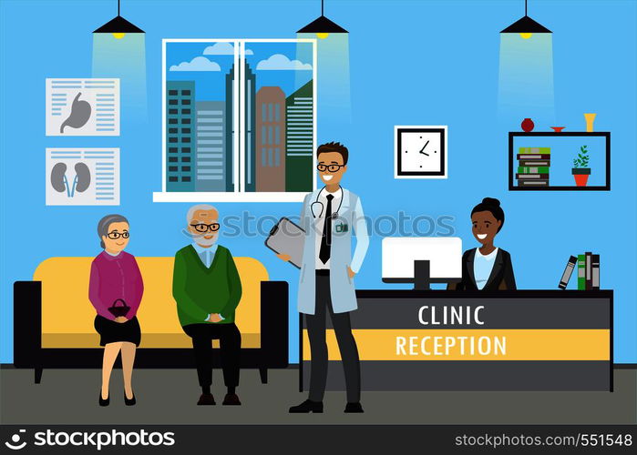 Clinic reception, doctor and old caucasian patients,african american receptionist , cartoon vector illustration. Clinic reception, doctor and old caucasian patients