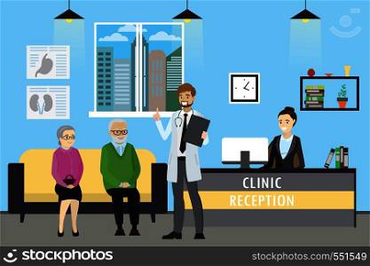 Clinic reception, doctor and old caucasian patients,african american receptionist , cartoon vector illustration. Clinic reception, doctor and old caucasian patients