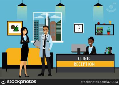 Clinic reception, doctor and patient are standing, administrator sits, cartoon vector illustration. Clinic reception, doctor and patient are standing, administrator