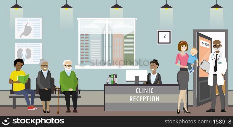 Clinic reception interior with furniture, doctor and different patients,african american receptionist , cartoon vector illustration. Clinic reception, doctor and old woman patients,african american