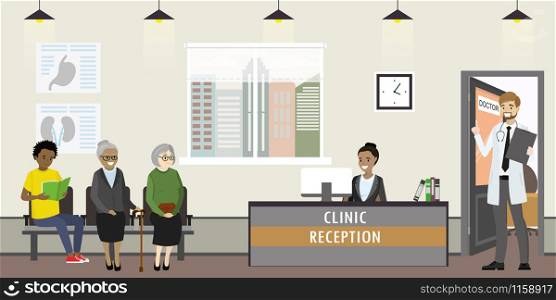 Clinic reception interior with furniture, doctor and old woman patients,african american receptionist , cartoon vector illustration. Clinic reception interior with furniture,