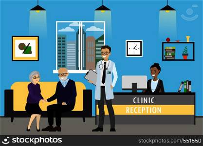 Clinic reception,old caucasian couple, doctor and lady on reception, cartoon vector illustration. Clinic reception,old caucasian couple, doctor and lady on recept