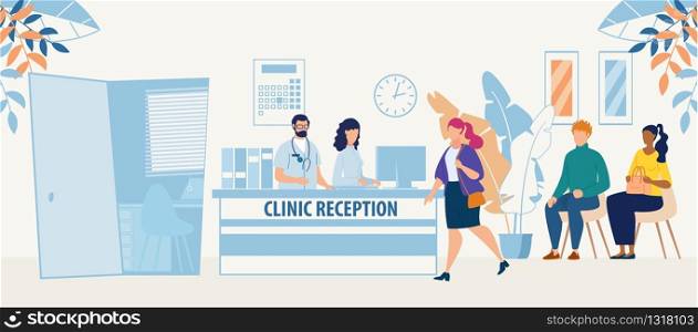 Clinic Reception Room with Doctor Medical Staff and Patients Cartoon. Hospital Hallway Interior. Medicine and Healthcare. Consultation and Medical Diagnosis during Sickness. Vector Flat Illustration. Clinic Reception Room with Doctor and Patients