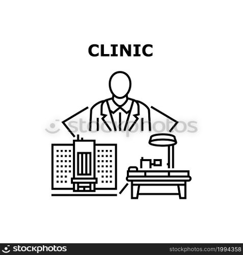 Clinic Service Vector Icon Concept. Doctor Examining And Treatment Patient Health, Surgeon And Therapist Therapy, Clinic Service. Hospital Worker Professional Occupation Black Illustration. Clinic Service Vector Concept Black Illustration