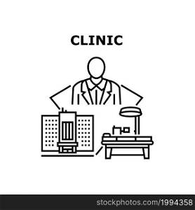 Clinic Service Vector Icon Concept. Doctor Examining And Treatment Patient Health, Surgeon And Therapist Therapy, Clinic Service. Hospital Worker Professional Occupation Black Illustration. Clinic Service Vector Concept Black Illustration