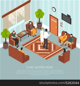 Clinic Waiting Room Isometric Illustration. Clinic waiting room with medical worker and visitors sitting on brown armchairs and sofa isometric vector illustration