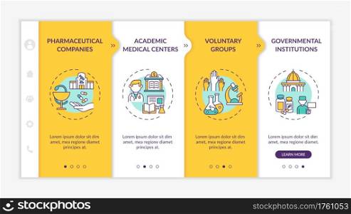 Clinical investigation onboarding vector template. Responsive mobile website with icons. Web page walkthrough 4 step screens. Academic centers, government color concept with linear illustrations. Clinical investigation onboarding vector template