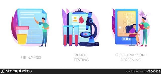 Clinical laboratory analysis icons cartoon set. Health examination. Biological markers. Urinalysis, blood testing, blood pressure screening metaphors. Vector isolated concept metaphor illustrations.. Clinical laboratory analysis icons cartoon set vector concept me