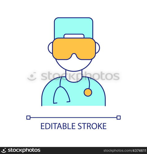 Clinical laboratory worker RGB color icon. Professional doctor in protective uniform. Hospital care. Isolated vector illustration. Simple filled line drawing. Editable stroke. Arial font used. Clinical laboratory worker RGB color icon