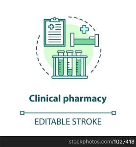 Clinical pharmacy concept icon. Medical laboratory tests and diagnostics idea thin line illustration. Prescribed medication hospital therapy. Vector isolated outline drawing. Editable stroke