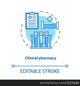 Clinical pharmacy concept icon. Medical laboratory tests and diagnostics idea thin line illustration. Prescribed medication hospital therapy. Vector isolated outline drawing. Editable stroke