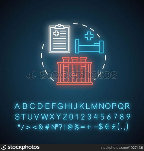 Clinical pharmacy neon light concept icon. Medical laboratory tests and diagnostics idea. Prescribed medication. Glowing sign with alphabet, numbers and symbols. Vector isolated illustration