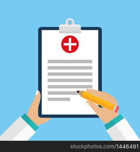 Clinical record, prescription, medical checkup report, health insurance concepts. Clipboard with checklist and medical cross and doctor hands in mockup style for website or mobile apps design.vector eps10. Clinical record, prescription, medical checkup report, health insurance concepts. Clipboard with checklist and medical cross and doctor hands in mockup style for website or mobile apps design.