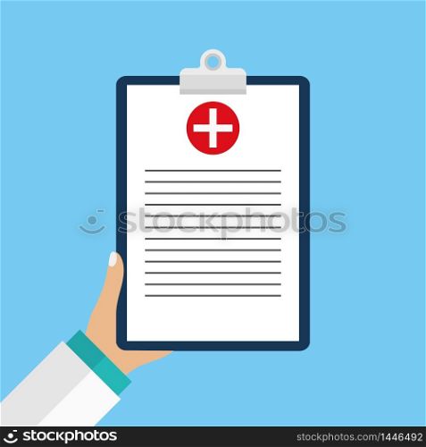 Clinical record, prescription, medical checkup report, health insurance concepts. Clipboard with checklist and medical cross and doctor hand in mockup style for website or mobile apps design. vector eps10. Clinical record, prescription, medical checkup report, health insurance concepts. Clipboard with checklist and medical cross and doctor hand in mockup style for website or mobile apps design.