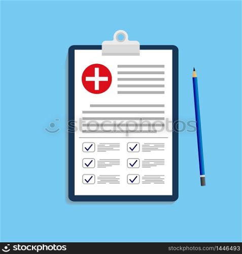 Clinical record, prescription, medical checkup report, health insurance concepts. Clipboard with checklist and medical cross pen in mockup style for website or mobile apps design.vector eps10. Clinical record, prescription, medical checkup report, health insurance concepts. Clipboard with checklist and medical cross pen in mockup style for website or mobile apps design.