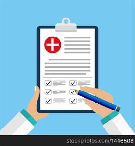 Clinical record, prescription, medical checkup report, health insurance concepts. Clipboard with checklist and medical cross and doctor hands in mockup style for website or mobile apps design.vector eps10. Clinical record, prescription, medical checkup report, health insurance concepts. Clipboard with checklist and medical cross and doctor hands in mockup style for website or mobile apps design