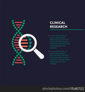Clinical research concept. dna chain in magnifying glass sign. genetic engineering, cloning, paternity testing. vector illustration. DNA analysis, genetics testing. dna chain in magnifying glass sign. genetic engineering, cloning, paternity testing.