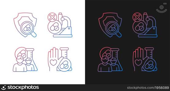 Clinical research facility gradient icons set for dark and light mode. Failed project. Thin line contour symbols bundle. Isolated vector outline illustrations collection on black and white. Clinical research facility gradient icons set for dark and light mode