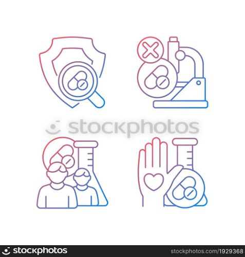 Clinical research facility gradient linear vector icons set. Failed project. Checking safety of new drugs. Human volunteer. Thin line contour symbols bundle. Isolated outline illustrations collection. Clinical research facility gradient linear vector icons set