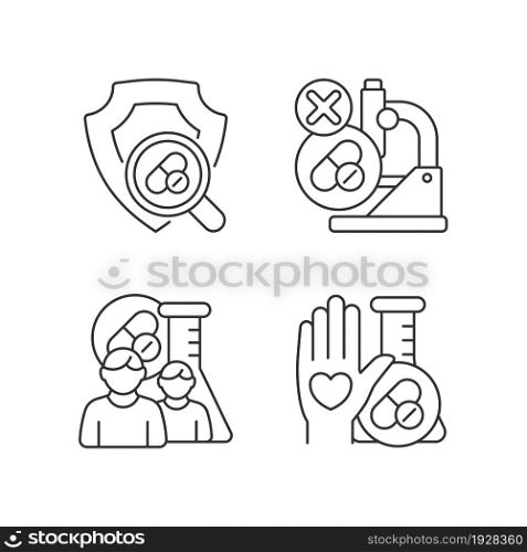 Clinical research facility linear icons set. Failed project. MAMS approach. Human volunteer. Customizable thin line contour symbols. Isolated vector outline illustrations. Editable stroke. Clinical research facility linear icons set