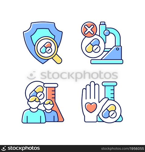 Clinical research facility RGB color icons set. Failed project. MAMS approach. Human volunteer. Checking safety of new drugs. Isolated vector illustrations. Simple filled line drawings collection. Clinical research facility RGB color icons set