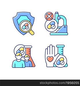 Clinical research facility RGB color icons set. Failed project. MAMS approach. Human volunteer. Checking safety of new drugs. Isolated vector illustrations. Simple filled line drawings collection. Clinical research facility RGB color icons set