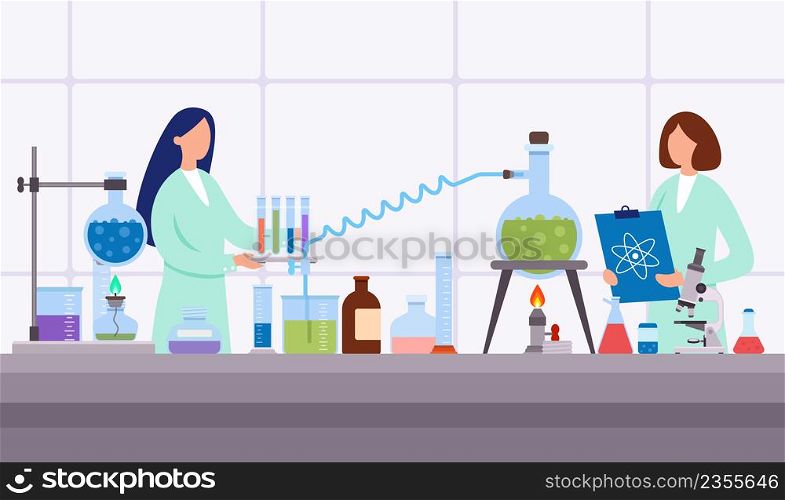 Clinical science laboratories experiments. Female scientists working in lab. Cartoon women wearing coats, doing researches with test tubes and flasks. Equipment for chemical analysis vector. 2202 S ST Clinical science laboratories experiments