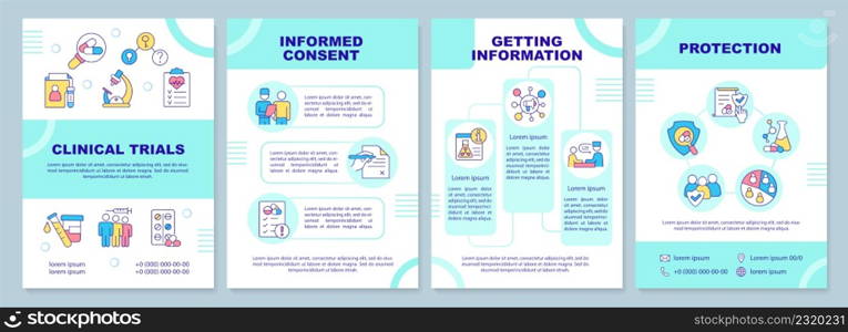 Clinical studies mint brochure template. Medical tests. Leaflet design with linear icons. 4 vector layouts for presentation, annual reports. Arial-Black, Myriad Pro-Regular fonts used. Clinical studies mint brochure template