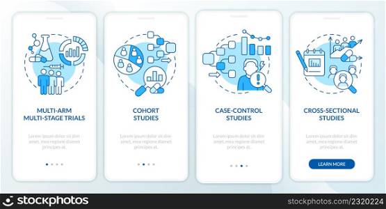 Clinical studies types blue onboarding mobile app screen. Healthcare walkthrough 4 steps graphic instructions pages with linear concepts. UI, UX, GUI template. Myriad Pro-Bold, Regular fonts used. Clinical studies types blue onboarding mobile app screen