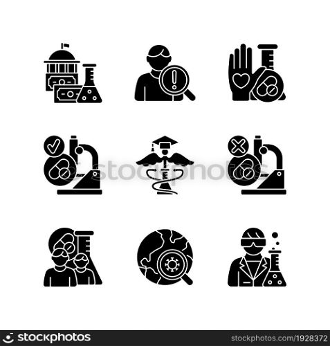 Clinical study black glyph icons set on white space. Evaluating new drugs and treatments. Government funding. Clinical epidemiology. MAMS trials. Silhouette symbols. Vector isolated illustration. Clinical study black glyph icons set on white space