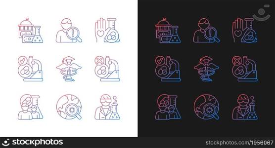 Clinical study gradient icons set for dark and light mode. Evaluating new drugs and treatments. Thin line contour symbols bundle. Isolated vector outline illustrations collection on black and white. Clinical study gradient icons set for dark and light mode