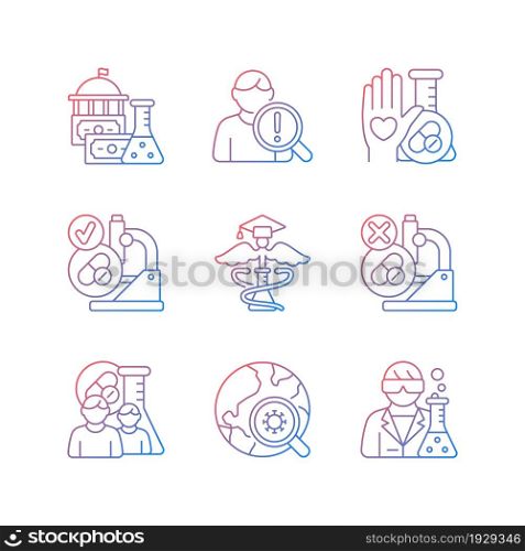 Clinical study gradient linear vector icons set. Evaluating new drugs and treatments. Government funding. MAMS trials. Thin line contour symbols bundle. Isolated outline illustrations collection. Clinical study gradient linear vector icons set